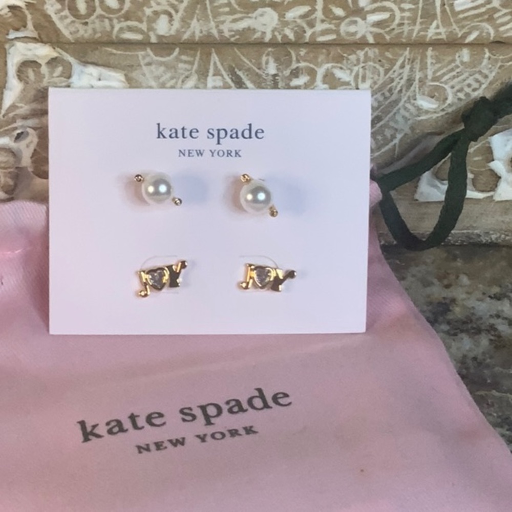 2 PC Kate Spade Gold Pearl CZ Stud Earrings